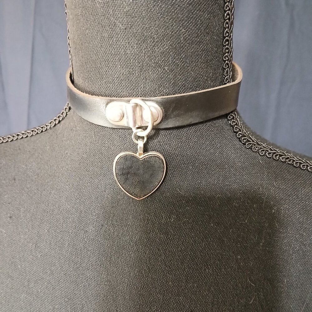 Wide Black Faux Leather Choker with Double O-Rings and Silver Studs - Goth Punk